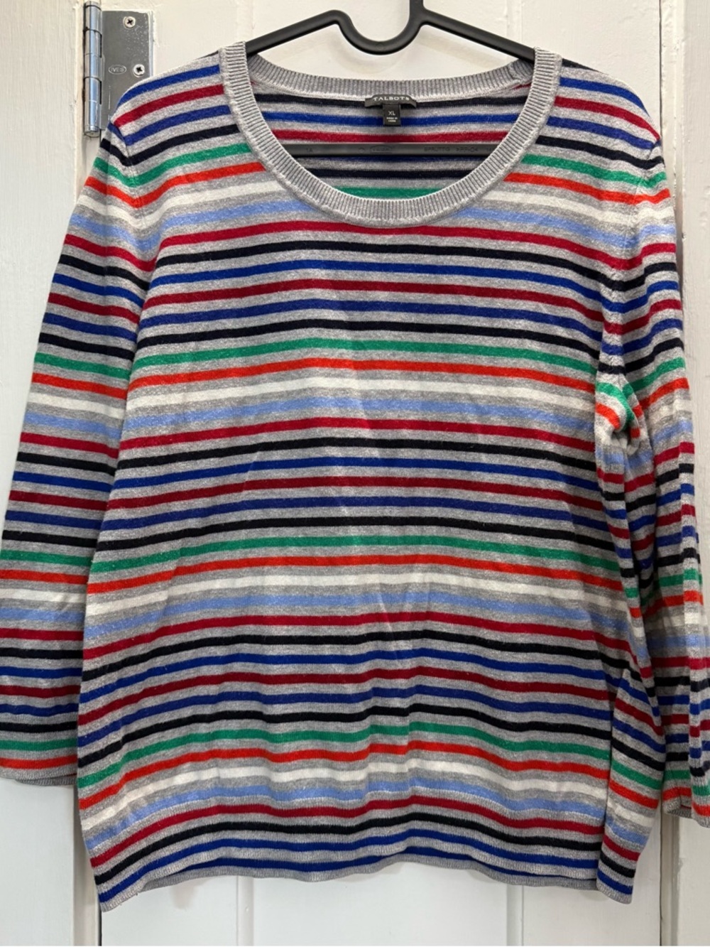 Talbots Gray Crewneck Sweater with Blue, Green and Orange Stripes